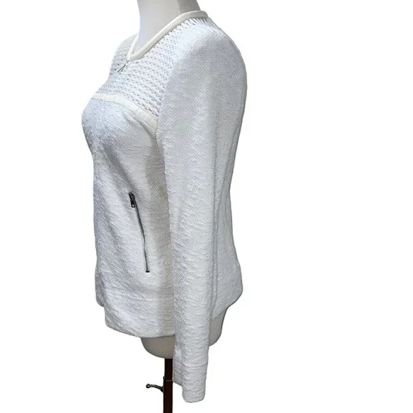 IRO Hurley White Leather Trim Textured Knit Zip Jacket FR38 Pockets Embroidered - Picture 7 of 12